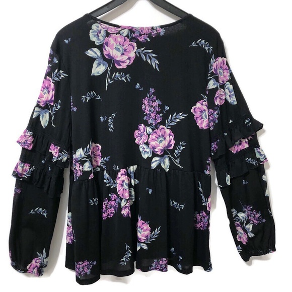 STYLE & CO Black Floral Ruffle Sleeve Boho Top XL - Picture 8 of 16